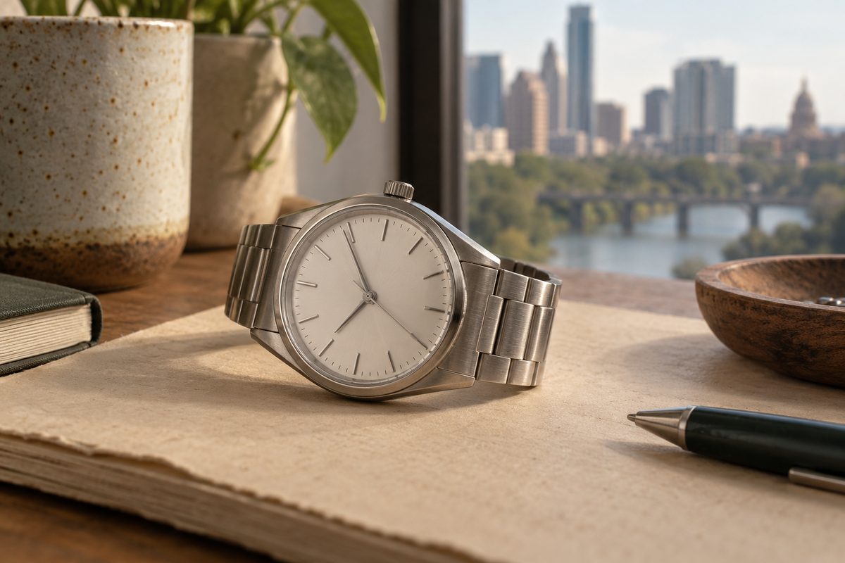 Arc 36 watch with a brushed steel case and light dial