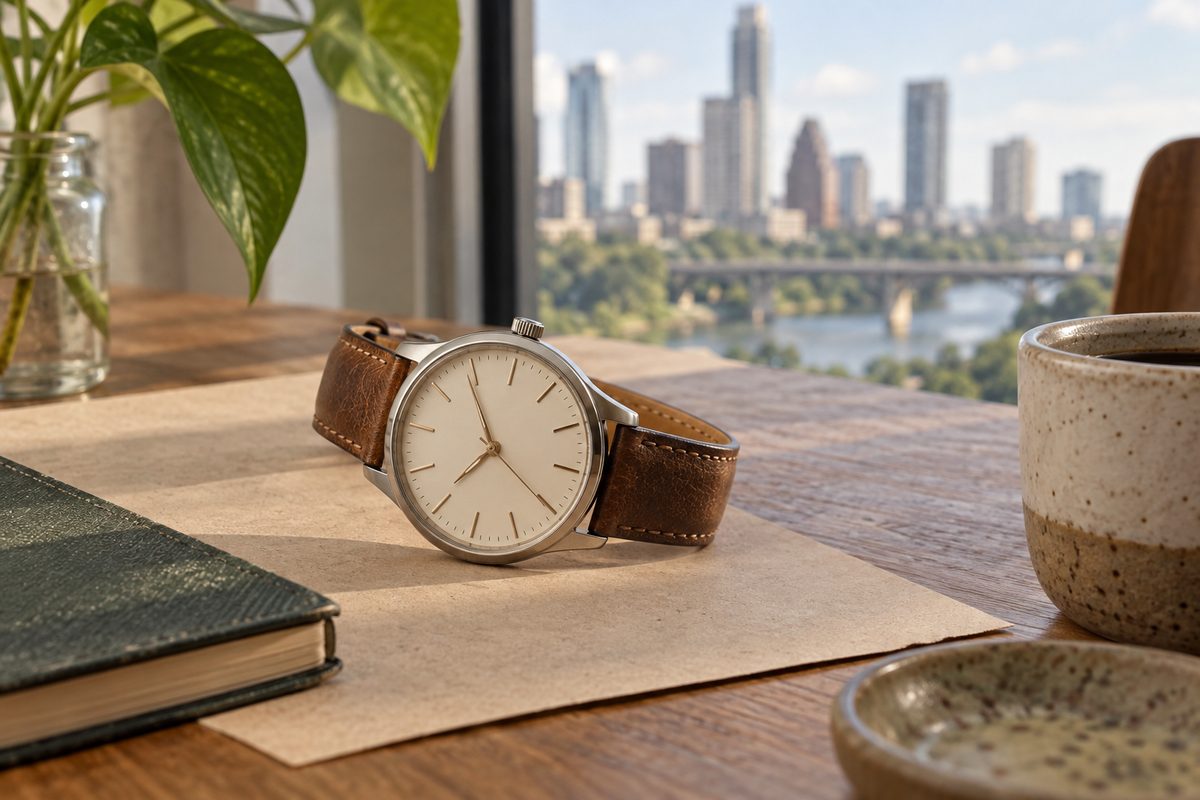 Linea 34 watch with a polished edge and cream dial